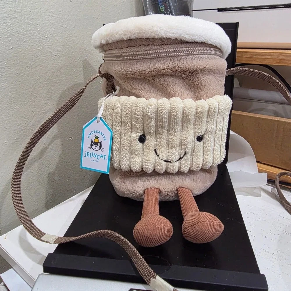 Jellycat Amuseables Coffee-To-Go Bag Plush Crossbody Purse NWT Tan Cream